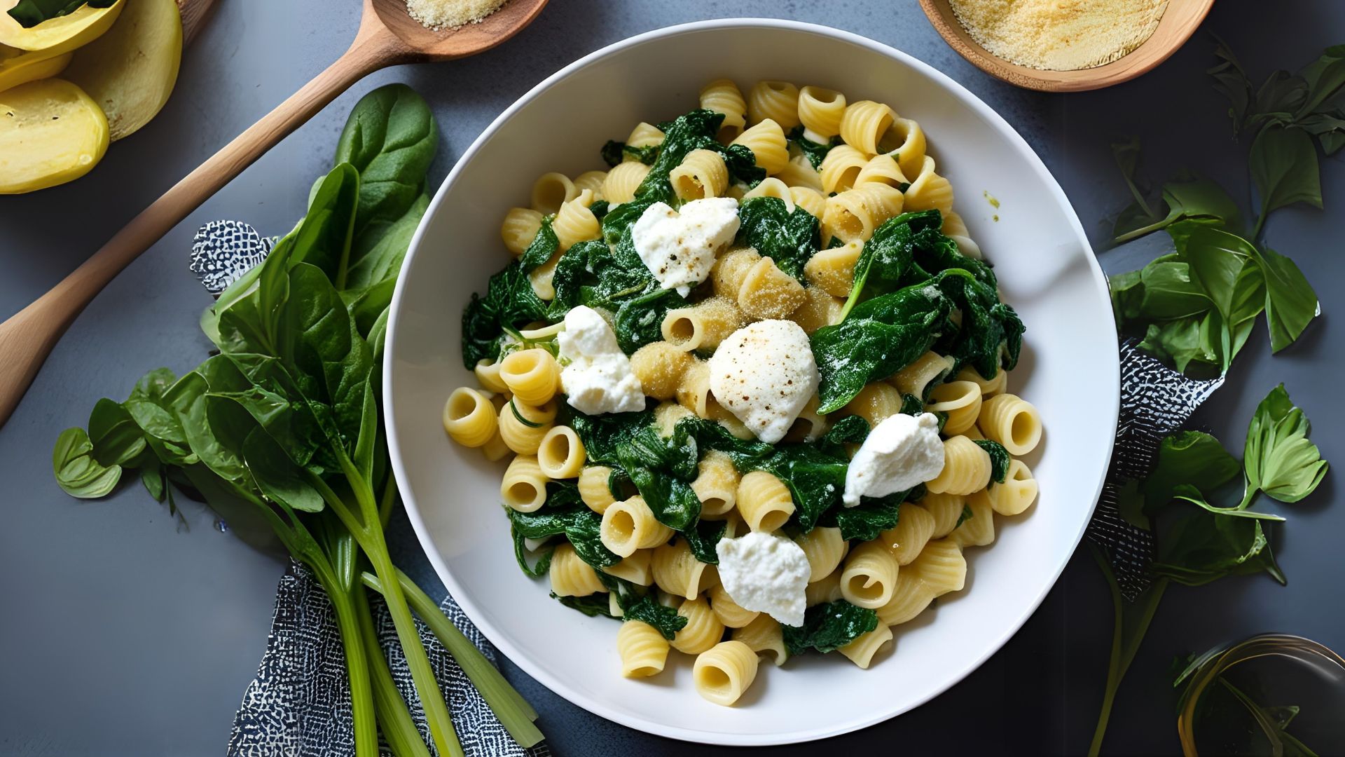 Pasta med spenat, ricotta och ansjovis.
