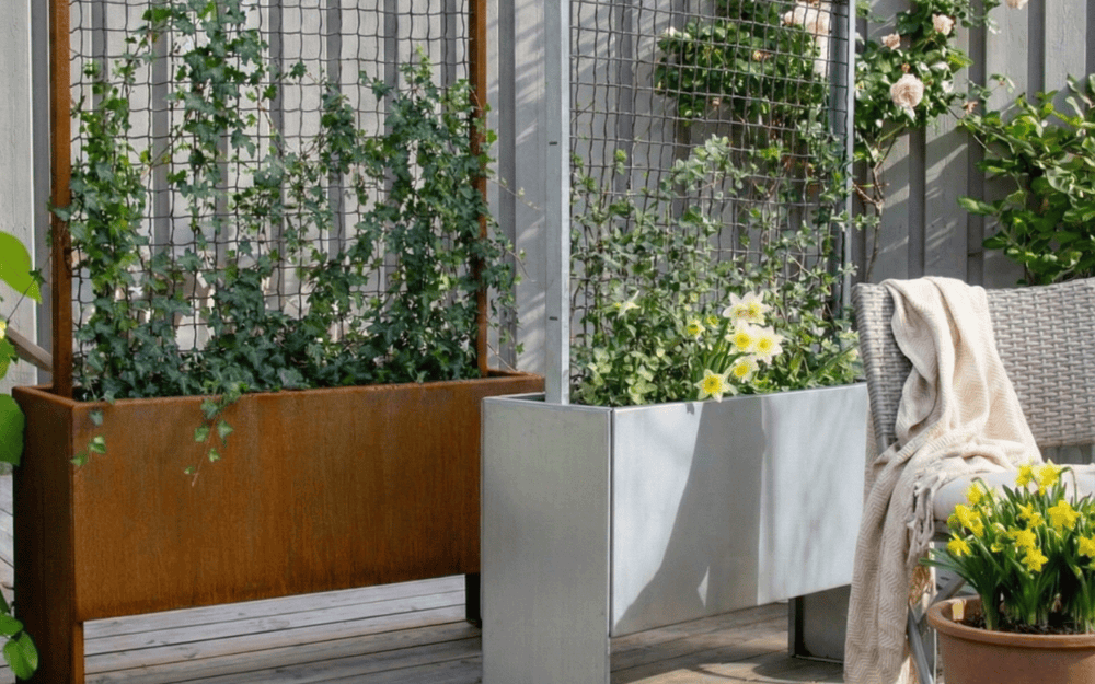 Komplett set med spaljé och blomlådor – Espalier Land Modern, cortenstål eller galvaniserat stål – Slim